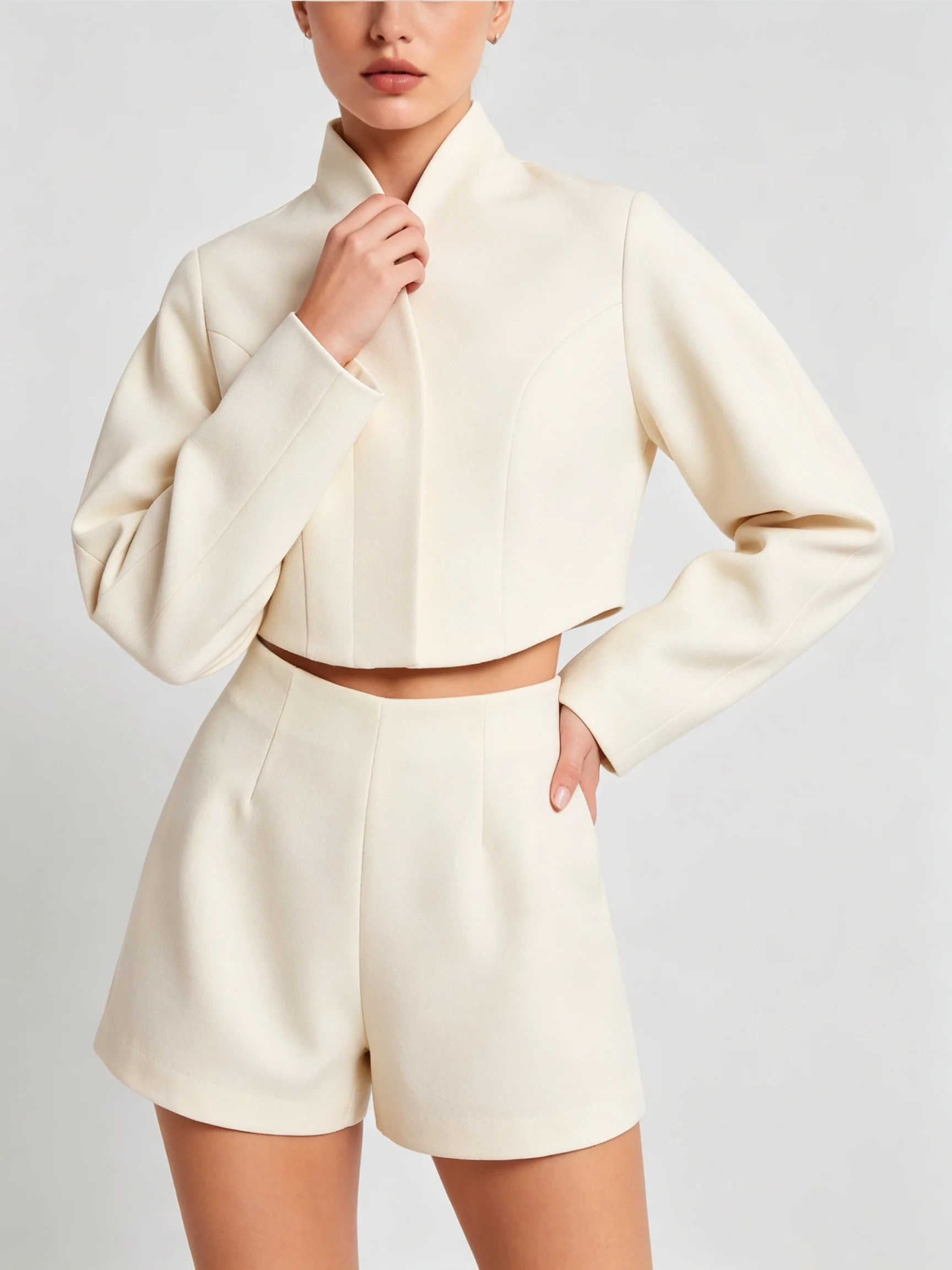 LIMO Mandarin Collar Hidden Zip Cropped Blazer Seam Tailored Slim Long Sleeve Minimalist Women Formal Short Jacket