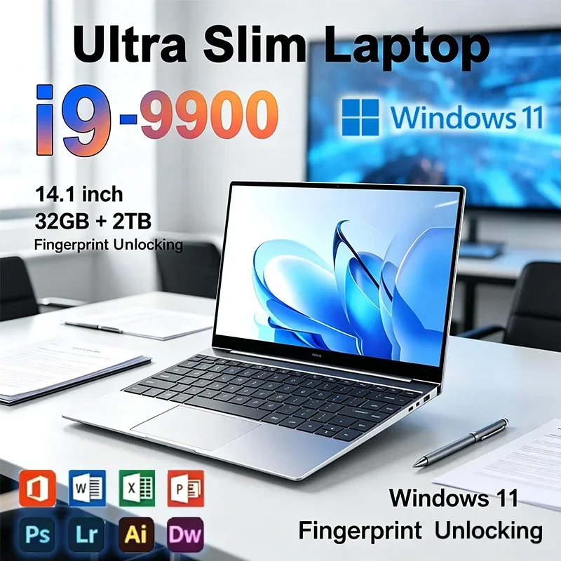 2026 New Ultra Slim 14.1 Inch Laptop Intel Core I9-9900 32GB RAM 2TB SSD for Gaming Office Study Windows 11 pro FHD 1920*1080