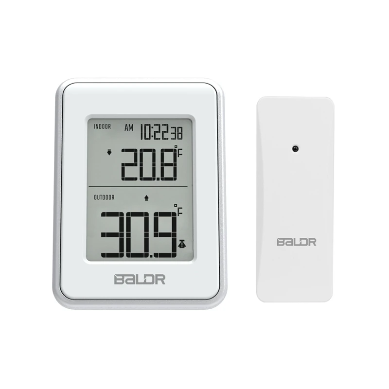 BALDR Wireless Digital Thermometer Clock In/Outdoor LCD Display Electronic Max Min Temperature Trend Alert Sensor Sound Alarm