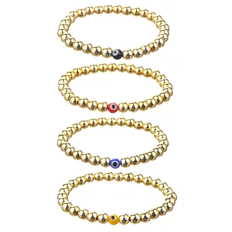 New Fashion Jewelry Women's Gift Smooth Round Bead Multicolor Glass Size 6mm Devil's Eye Ore Plated 14k Gold Elastic Bracelet