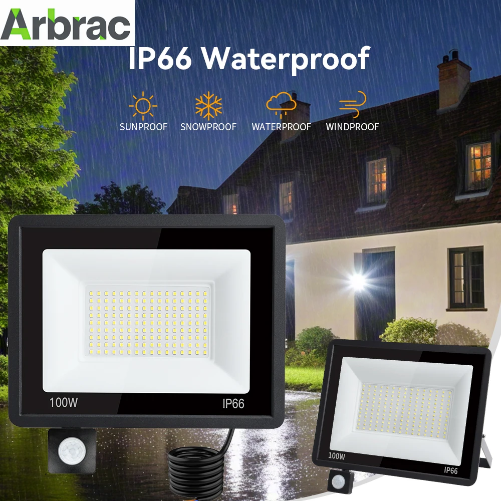 200W/100W Arbrac PIR-Bewegungssensor-Flutlicht für den Außenbereich, IP66, wasserdichte Beleuchtung, Kaltlichtprojektor, Außenstrahler, Außenwandleuchte