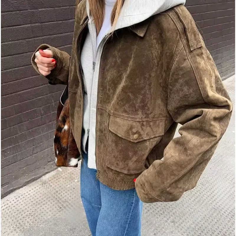 Women Faux Suede Cargo Bomber Jacket Lapel Collar Button Zip Loose Outerwear with Flap Pockets