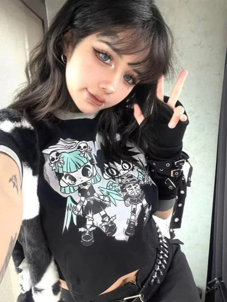 

Y2K Anime culture t-shirt women's Summer new splicing short sleeve street hot girls short top women's ins trendy T-shirt emo