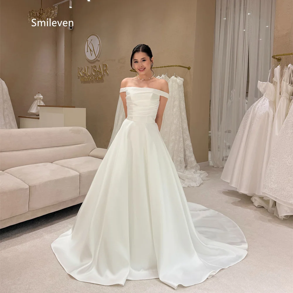 Smileven Ivory Satin A Line Ball Gown wedding Dresses Off The Shoulder Bridal Dress Ruched Bodice Chapel Train Gowns Customized