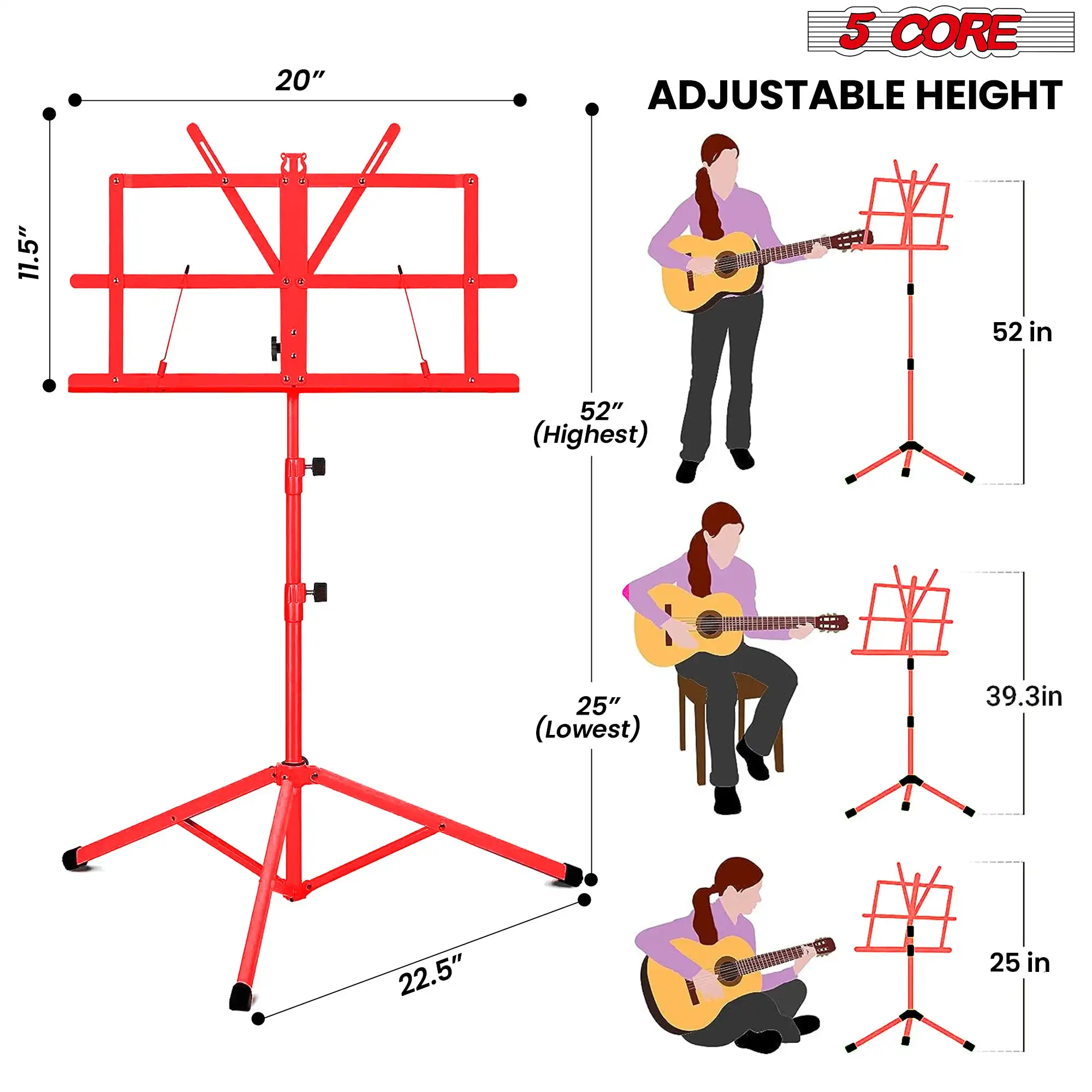 5 Core Music Stand For Sheet Music Portable Tripod Adjustable Folding Note Holder MUS FLD RED