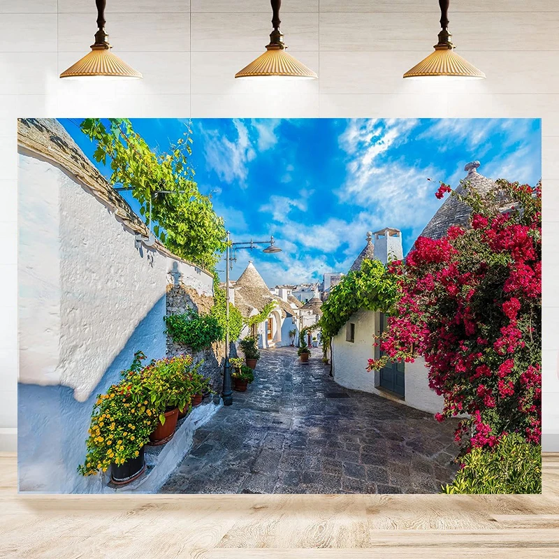 Photography Backdrop Italy Small Town Spring Trulli Houses Street Blooming Flowers Cobbled Road Dry-Stone Huts Background Banner