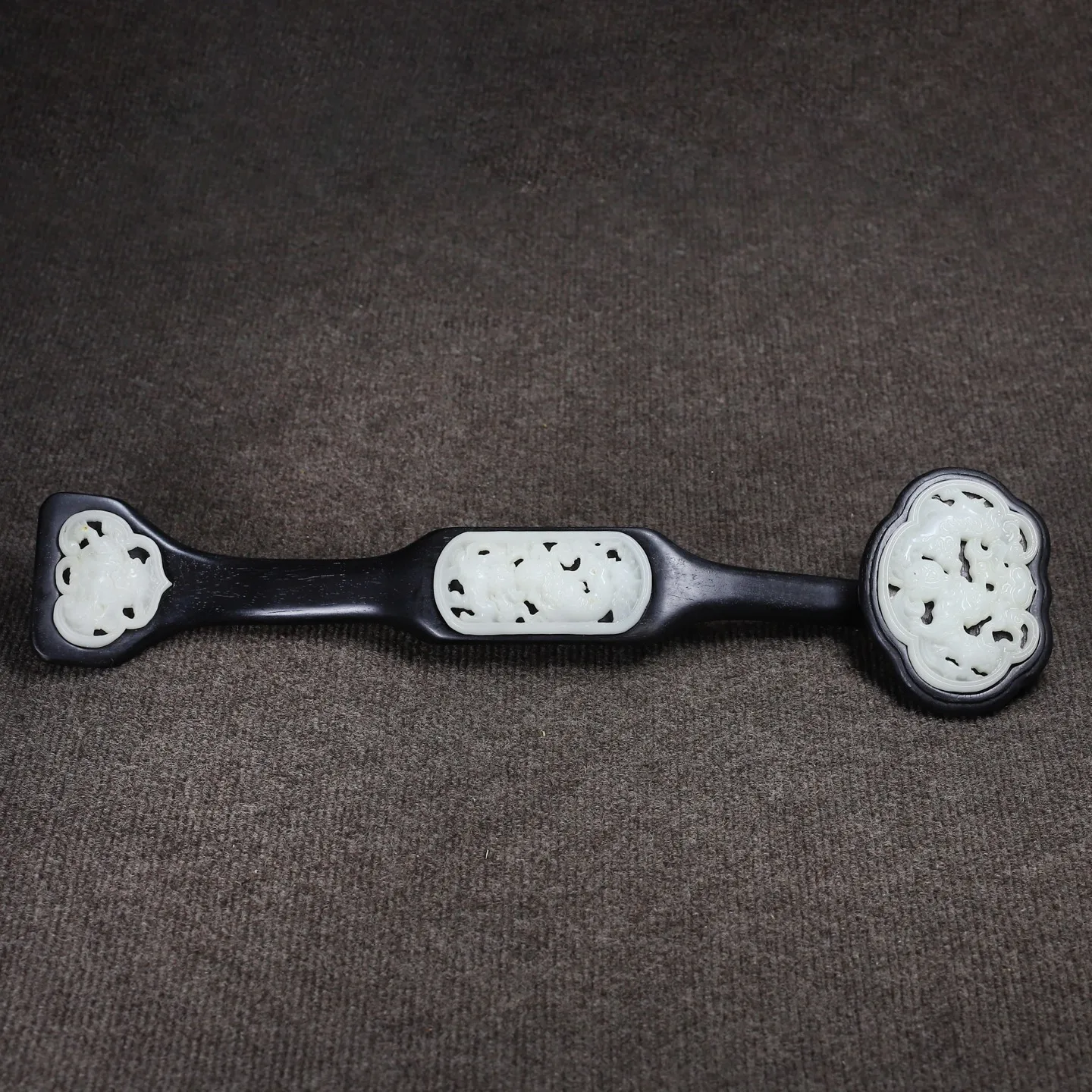 Treasured Ebony Wood Inlaid With Jade Ruyi Ornament