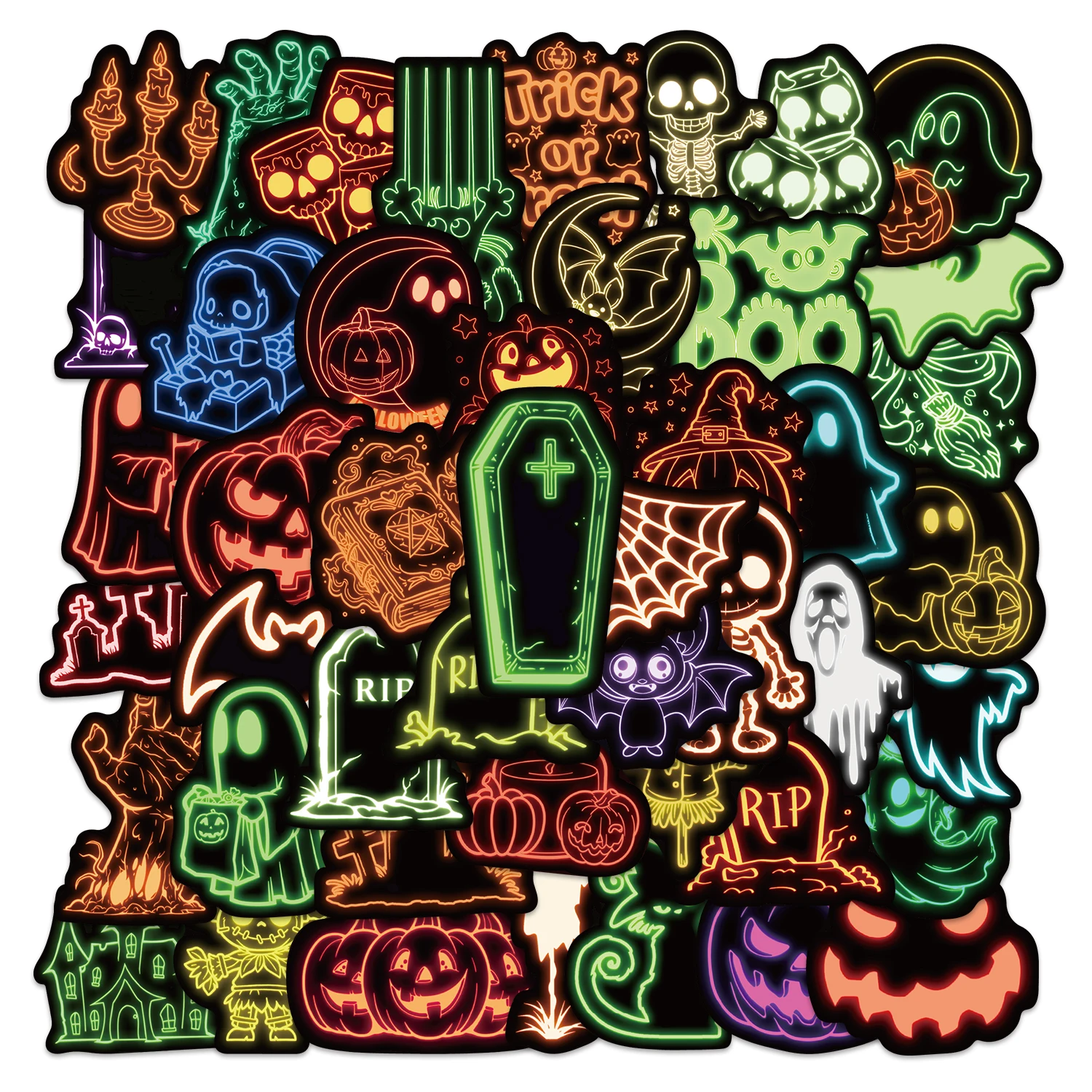 50 قطعة من ملصقات النيون الممتعة للهالوين DIY جراب هاتف للكمبيوتر المحمول وكوب الماء وملصقات ألعاب الكمبيوتر