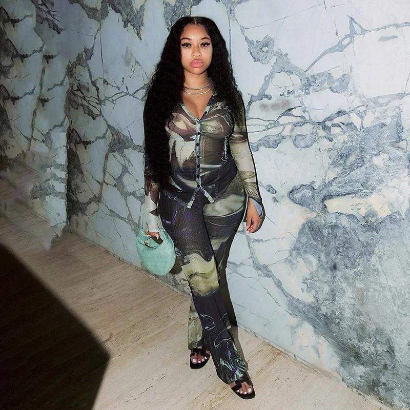 Mesh Printed Casual Two Piece Set 2024 Spring Lapel Long Sleeve Ruched Shirts Tops High Waist Flare Pants Party Club Streetwear