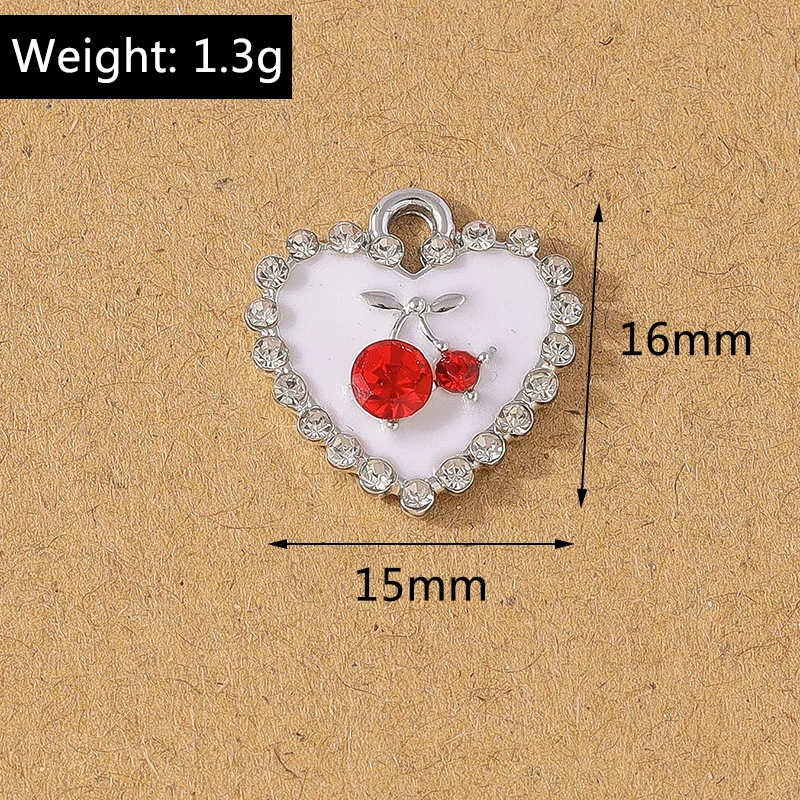10pcs Chic Enamel Crystal Cherry Love Heart Charms Pendants for Necklace Earrings DIY Bracelet Jewelry Accessories Supplies