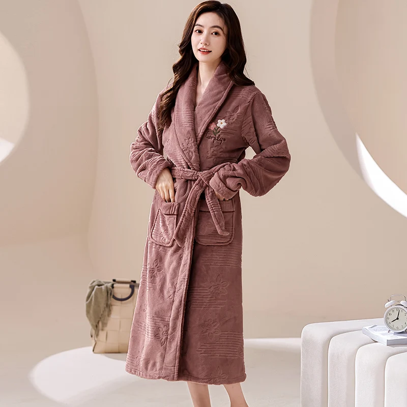 

Элегантная женская длинная ночная рубашка, кимоно, халат, коралловый флис, теплые банные халаты с v-образным вырезом, спа-халаты с длинными рукавами, одежда для сна для женщин