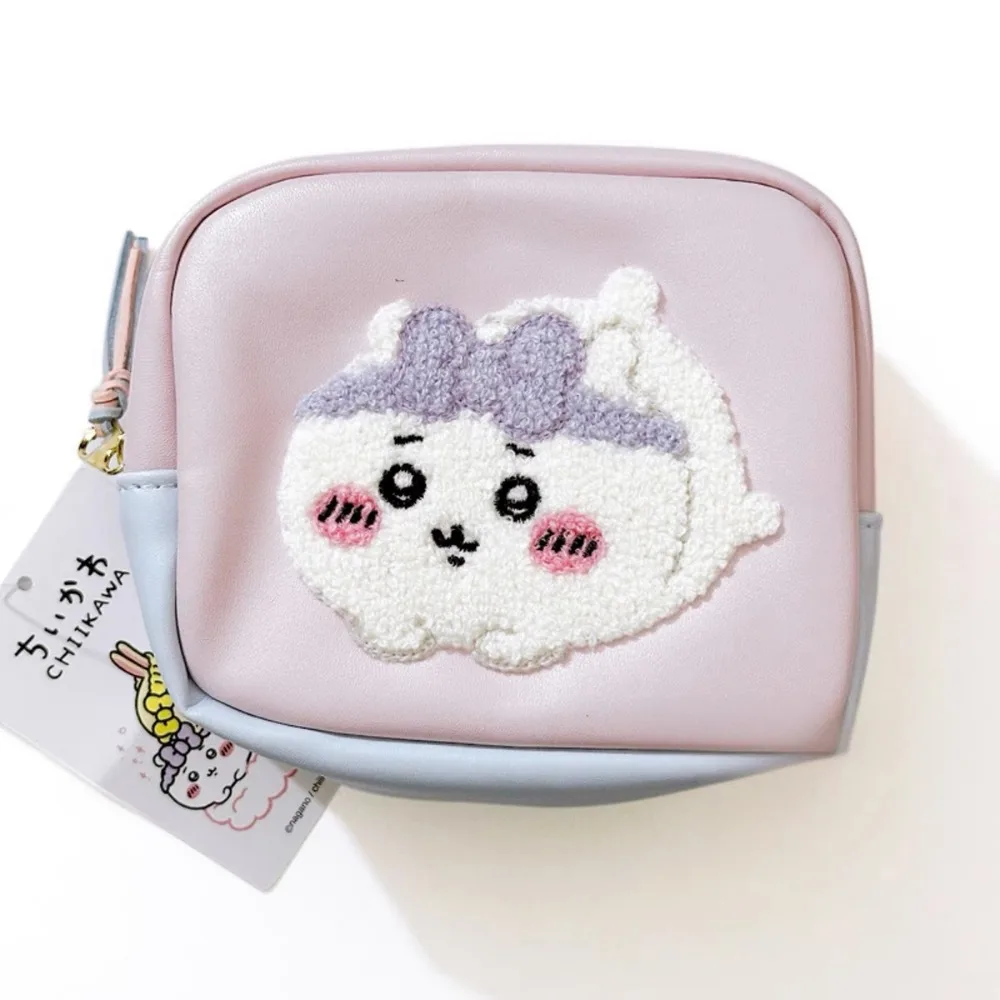 Mini bolsa con cremallera bordada Kawaii Chiikawa, Cartera de dibujos animados de felpa, patrón de doble cara, bolsa de almacenamiento de utensilios de PU