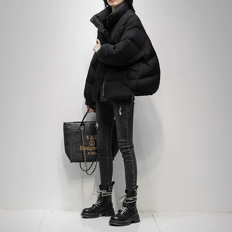 レディース ショート丈 ホワイト ダックダウンジャケット 2026年冬新作 韓国風 ルーズ スタンドカラー 厚手 ダウンコート レディース カジュアルトップス