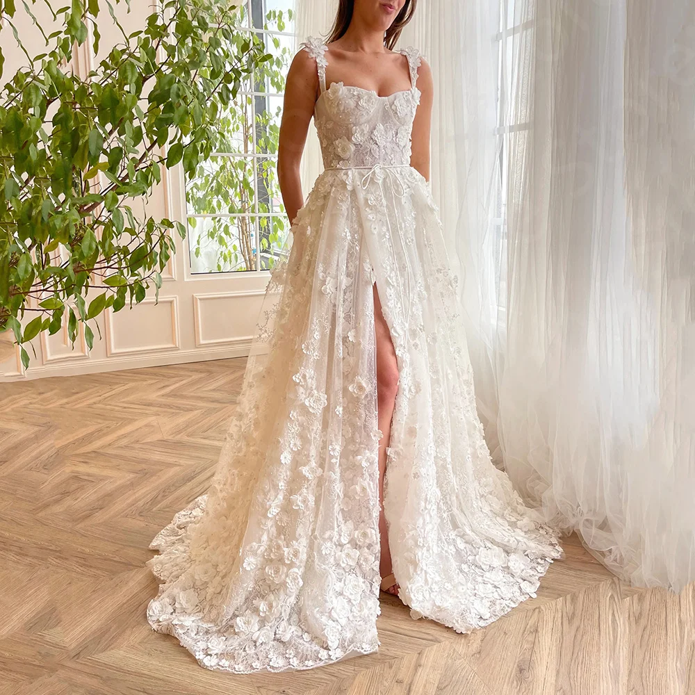 

Customized Luxury White Evening Dresses Lace Prom Party Gowns Sweetheart Thigh Slit Wedding Guest Dresses Flowers Pearls On Sale