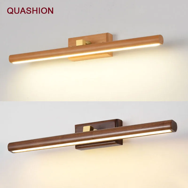 Black Walnut Mirror Lamp Solid Wood Personality Long Strip Simple Bathroom Dresser Scandinavian Mirrored Cabinet Led Wall Light