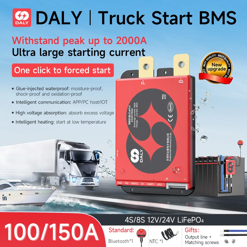 Daly Smart Bms LiFepo4 4S 12V BMS Lifepo4 8S 24V 100A 150A for Car Starting Truck Lithium Battery