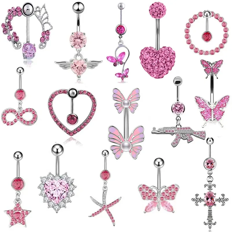 New 1PC Pink Butterfly Belly Button Rings Dangle Heart Zircon Navel Piercing Surgical Steel Belly Bar Body Piercing Jewelry