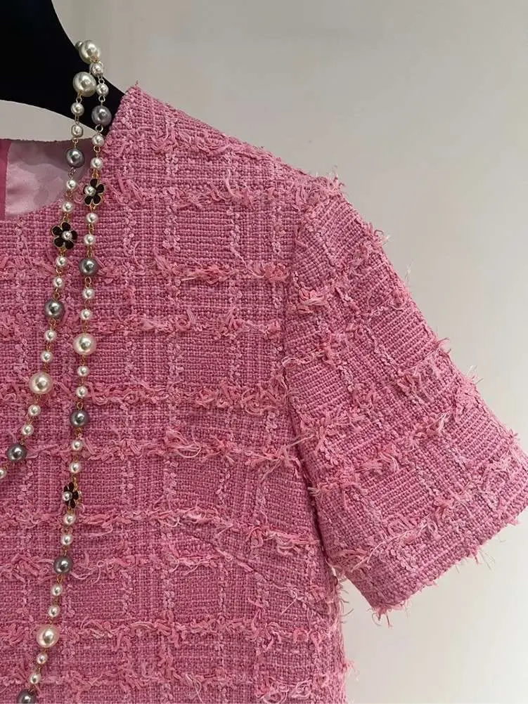 

Hepburn Sle French Pink R Women's Spring Summer New A-Line Dr Classic round Ne ort Sve Linen Gown for Ci Walk