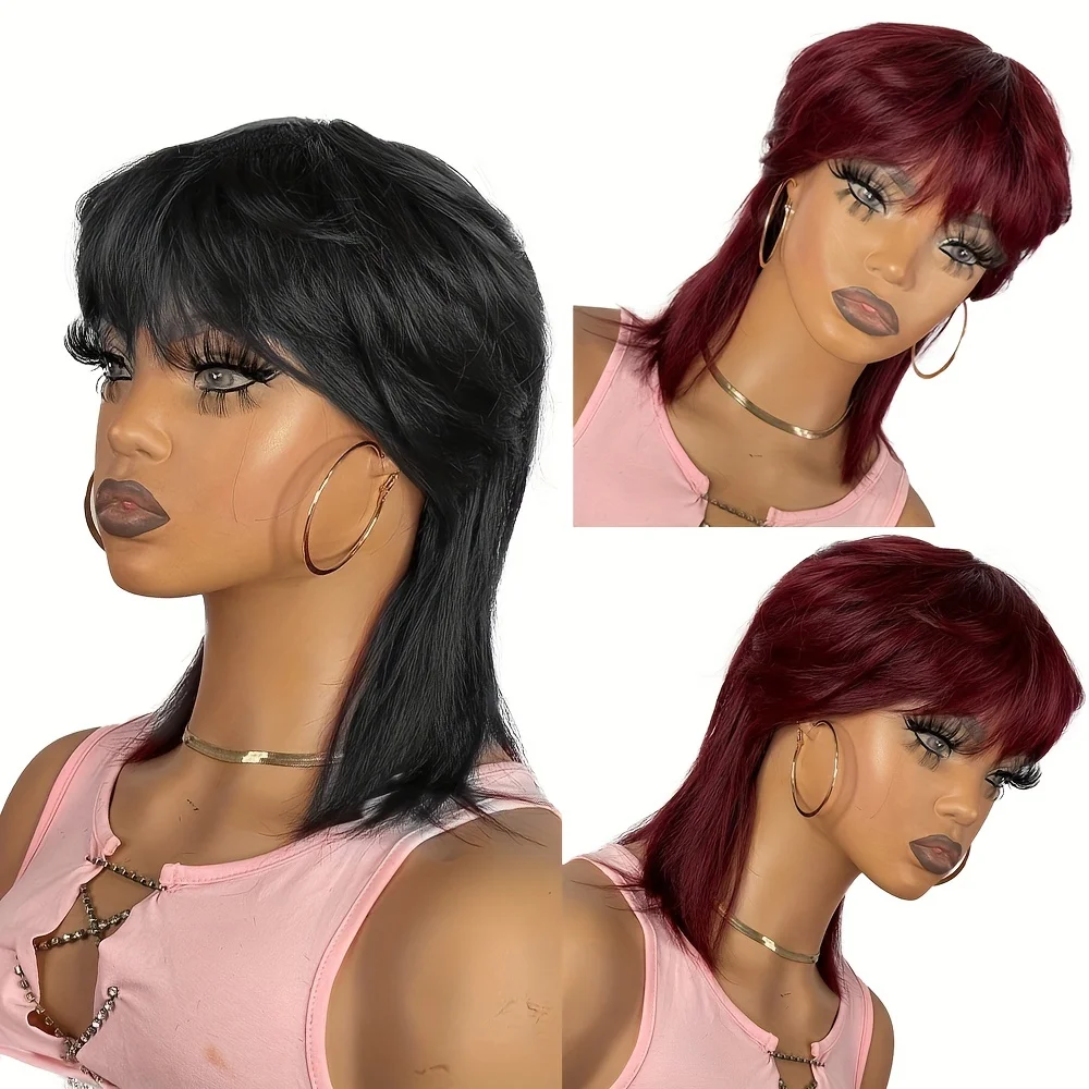 

Short Bob Wig for Women Straight Human Hair Wig with Bangs Mullet Wig 10Inch for Women Full Machine Made Human Hair wig