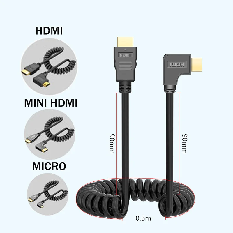 1PCS 4K 60HZ 2M Micro Mini HDMI-Compatible Coiled Extension Flexible Spiral Cable Male to Male Plug Cable Compatible For PC TV