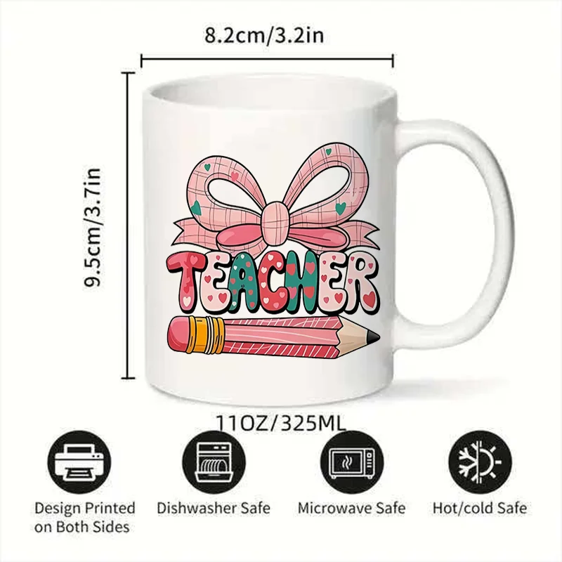 Teacher Bow Pencil Colorful Print Ceramic Coffee Mug, 11oz 350ml Personalized Custom Mug, Cute Aesthetic Mug Microwave Safe, Bir