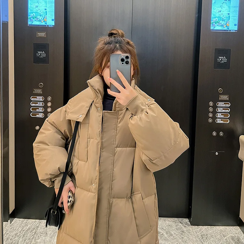 

2025 Oversize Winter Jacket Women Long Down Cotton Coat Solid Color Streetwear Loose Over Knee Tops