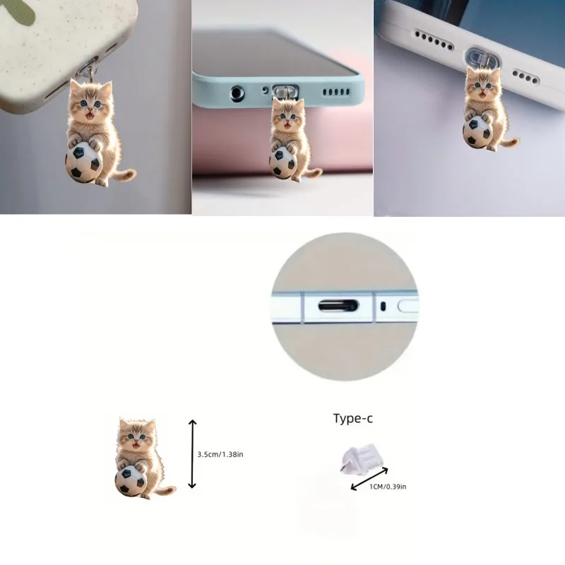 2d Cartoon Acrylic Football Cat Phone Dustproof Plug Suitable For Iphone Lightning Connector And Type-C Oval Connector