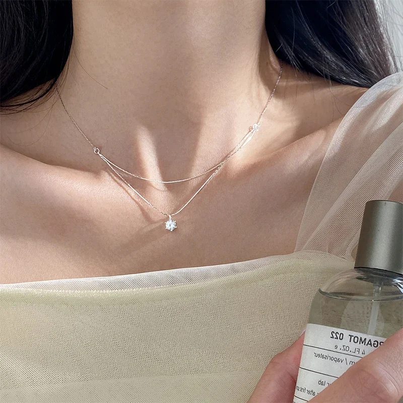 

Серебряное колье 925 пробы с цирконом на четырех крапанах для женщин, изысканная двухслойная цепочка на ключицу, элегантное украшение
