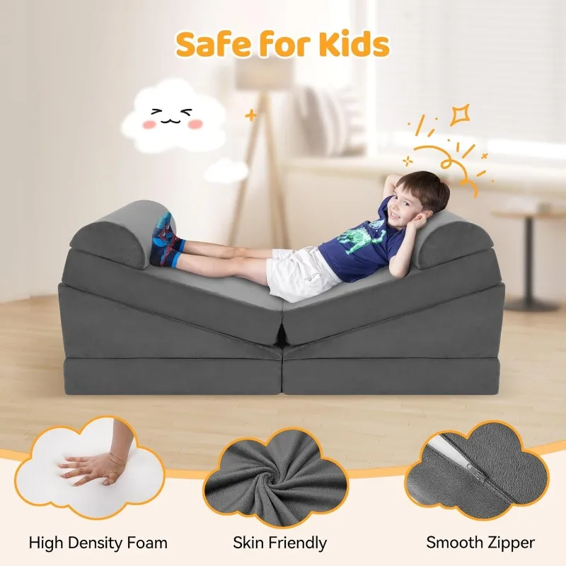 10pcs Modular Kids Play Couch, Convertible Nugget Couch for Toddlers & Children with Climbing Slope