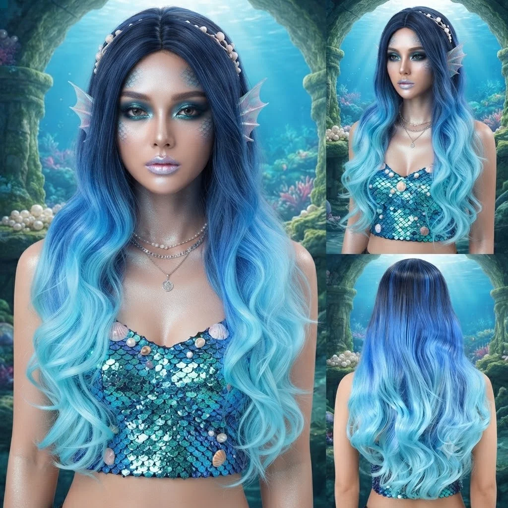 30 Inch Long Wavy Synthetic Wig, Dark Blue to Light Blue Ombre Heat Resistant Colored Hair Wigs for Women Cosplay Halloween