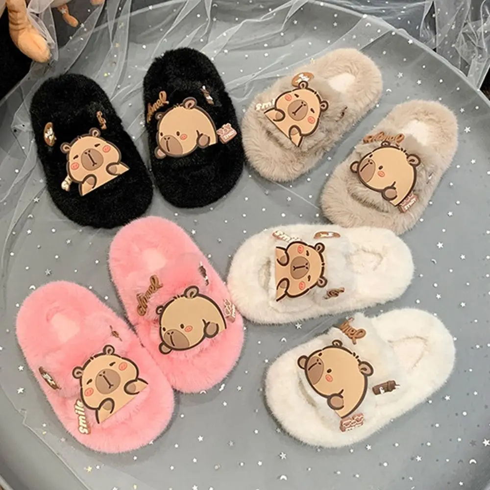 Creative Children Warm Capybara Slippers Animal Rubber sole Capibara Plush Slippers Kawaii Fluffy Winter Home Shoes Girls