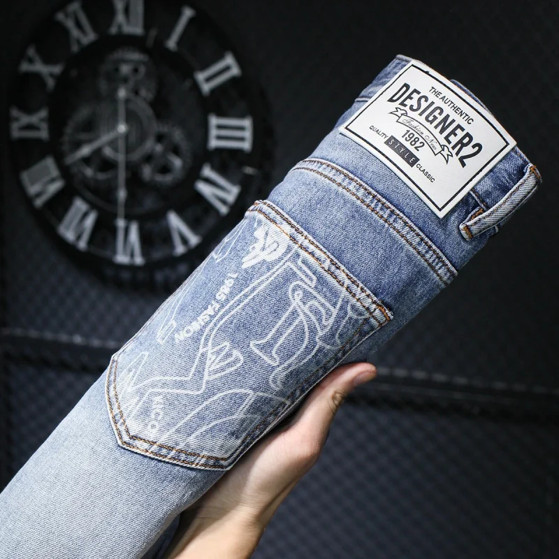 2024 New Blue Color Printed Jeans Men's Retro Nostalgic Washed Street Fashion High-End Slim Fit Light Straight-Leg Trousers