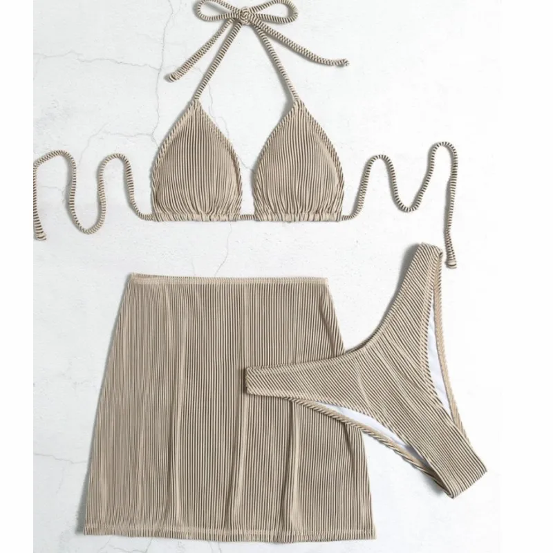 New Bikini Swimsuit Solid Color Tie Sexy Three-Piece Bikini Set