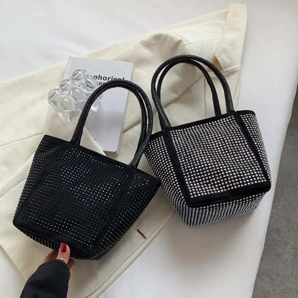 Trendy Elegant Bright Rhinestone Shoulder Bag PU Large Capacity Sparkling Square Bag Black Silver Bucket Handbag Banquet