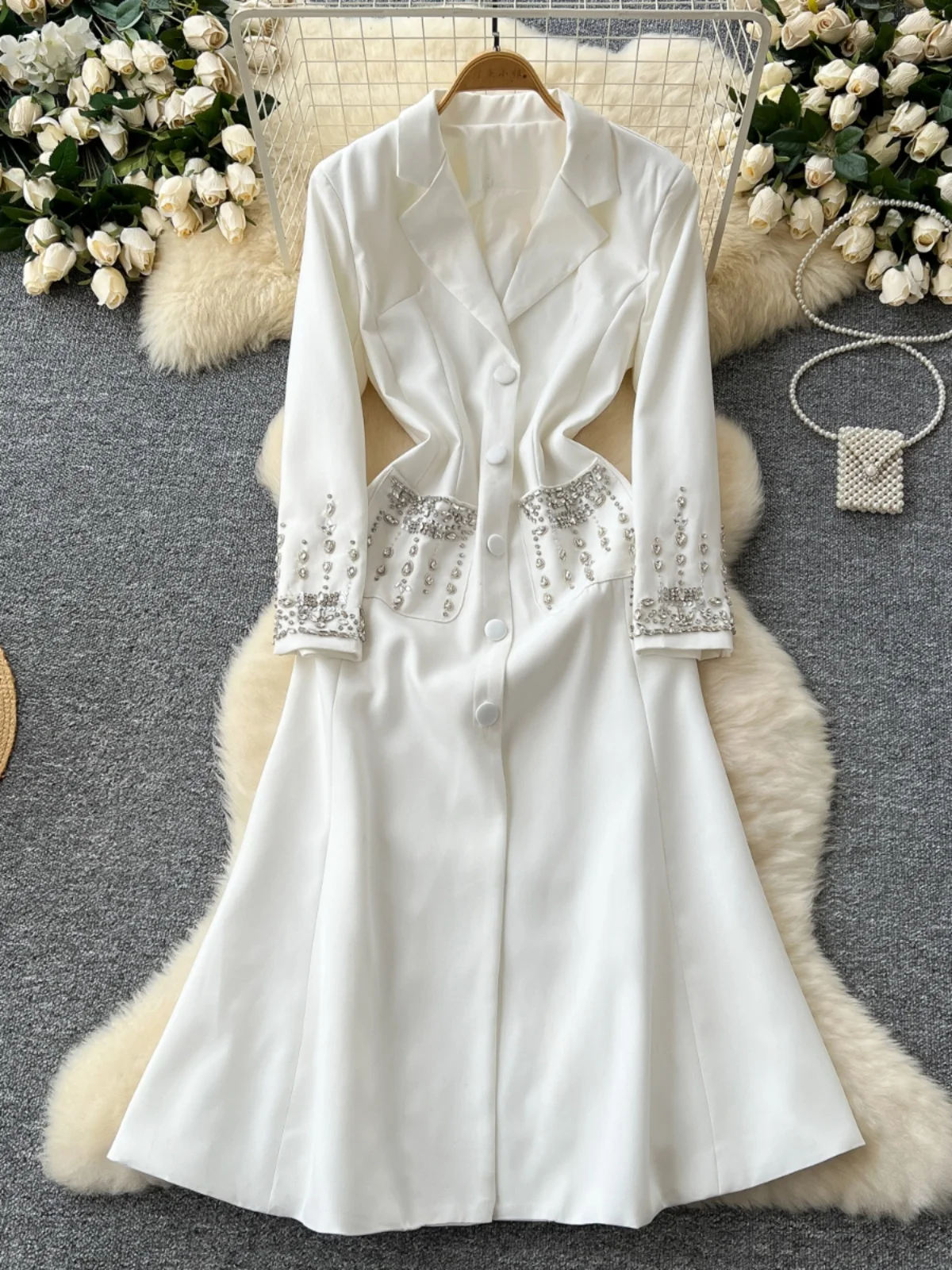 Autumn Winter Chain Tassels Beaded Trench Blazer Dress Women Suit Coat Long Sleeve Solid Office Lady Work Dresses Windbreaks