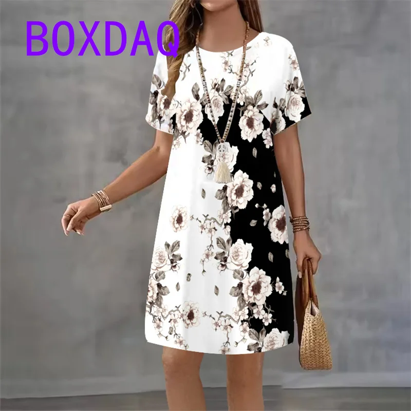 

Винтажное женское платье с цветочным принтом, свободное повседневное платье трапециевидной формы с коротким рукавом и круглым вырезом, большие размеры XXS-3XL, летнее женское платье с цветочным принтом