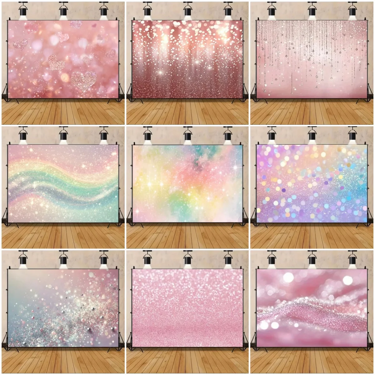 

Sparkling Star Heart Gradient Photography Background Colorful Glitter Backdrop Room Party Decoration Banner Portrait Studio Prop