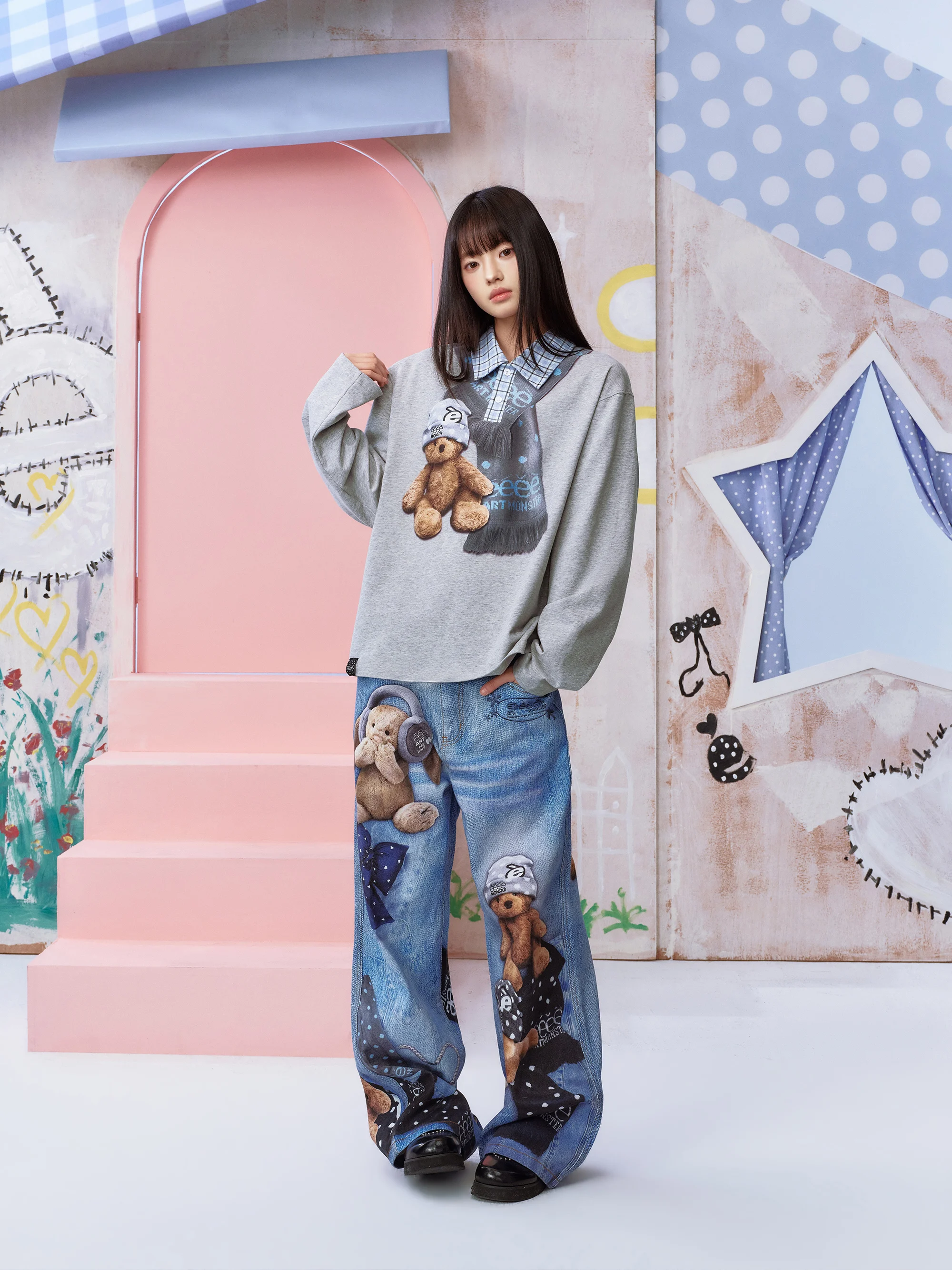 American Retro Patchwork  Neck T-Shirt Teddy Bear Print Long Sleeve Spring Standard Fit Unisex Casual Wear EeeeArtmonster