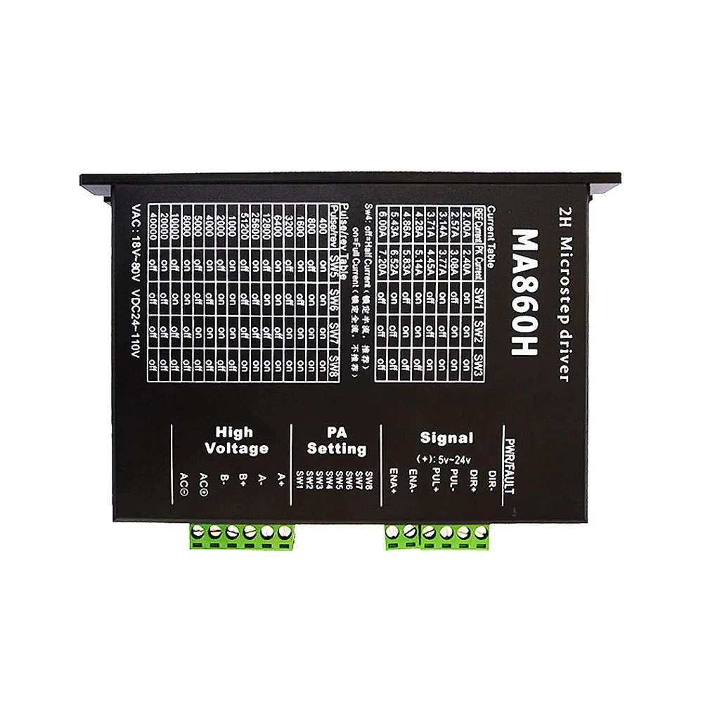 

AC18V-80V/DC24V-110V Входной контроллер шагового двигателя MA860H DSP Цифровой 57/86 Драйвер шагового двигателя с вентилятором 400-51200 Под разделение
