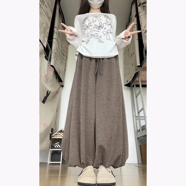 카라멜 레이지 니트 라이스 누들 팬츠 여성용 가을 겨울 신상 슬림 에이지 리덕션 패션 드레이프 플러피 버드 스커트 팬츠