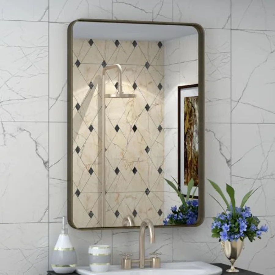 

16x24 Bathroom Mirror, Rounded Rectangle Frame Mirror, Brushed Bathroom Vanity Mirror Wall-Mounted, Anti-Rust, Hangs Horizontal
