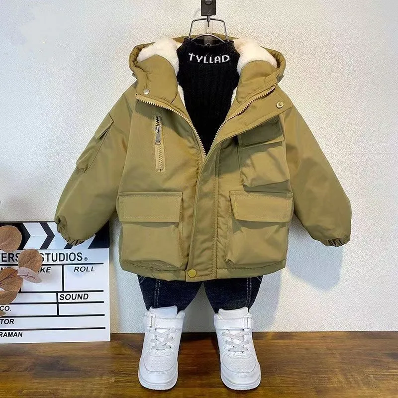 Kids Boys Plush Warm Jacket Hooded Casual Autumn And Winter Thick Cotton Jacket Children\'s Baby Clothing style Cotton Jacket