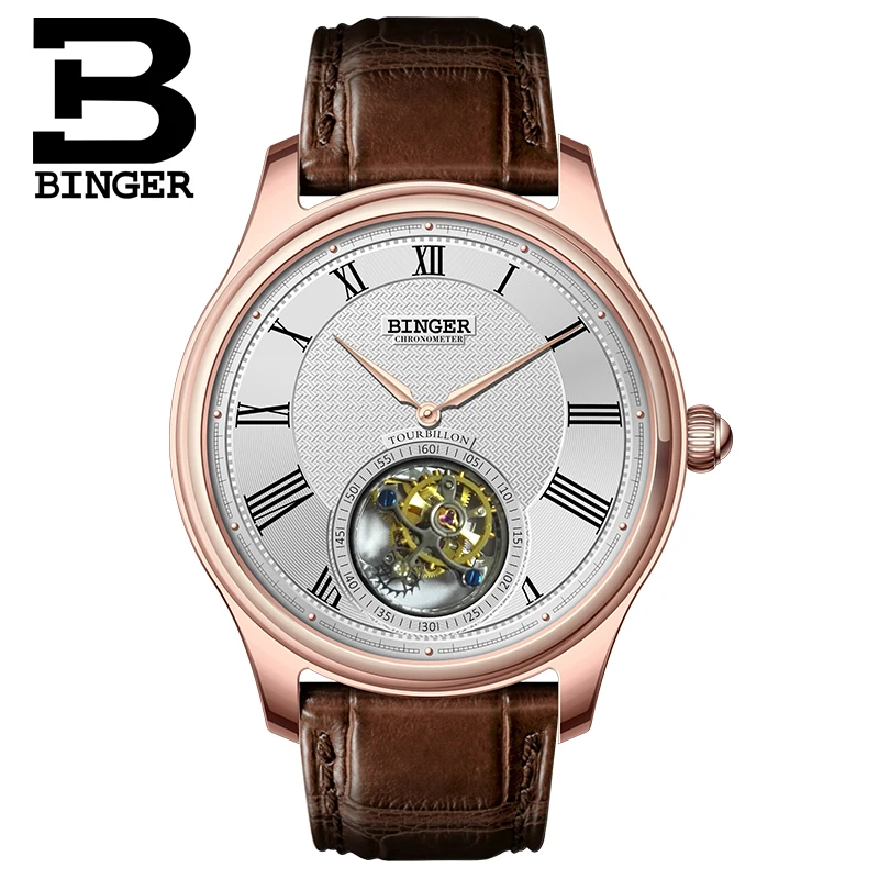 Switzerland BINGER Luxury Brand Seagull Tourbillon Automatic Mechanical Men\'s Watches Sapphire Alligator Leather Strap B80803