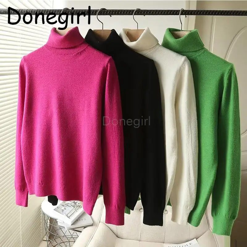 

Donegirl 2023 New Women Long Sleeve Solid Slim Basic High Collar Knitted Sweater Pullovers Multicolor Simple Casual Female Tops