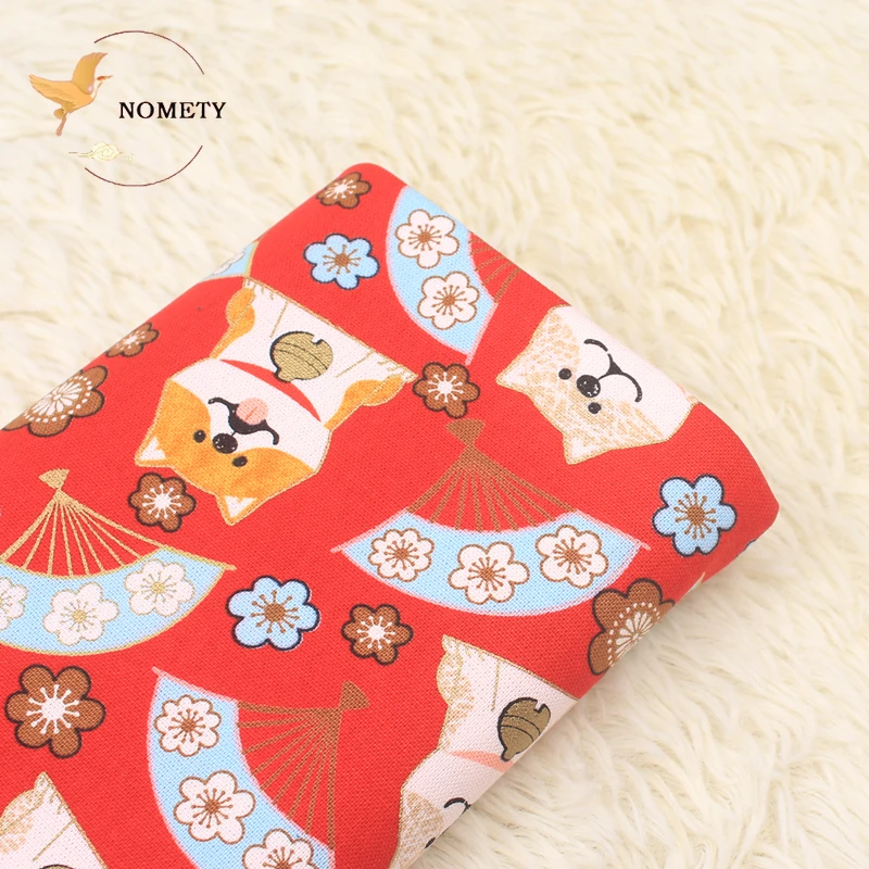 100% Cotton Printed Shiba Inu Fabric Japanese Style Bronzed Plain Weave Cloth For Sewing Kimono Bags Handmade DIY 145*50cm