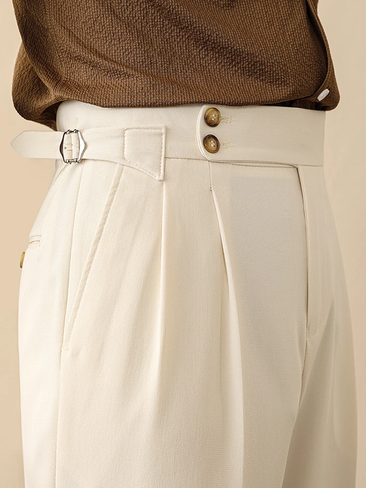 

High Waist Men's Business Casual Straight Leg Pants Paris Button No Ironing Needed Long Neapolitan Slim Fit Drapey Trousers