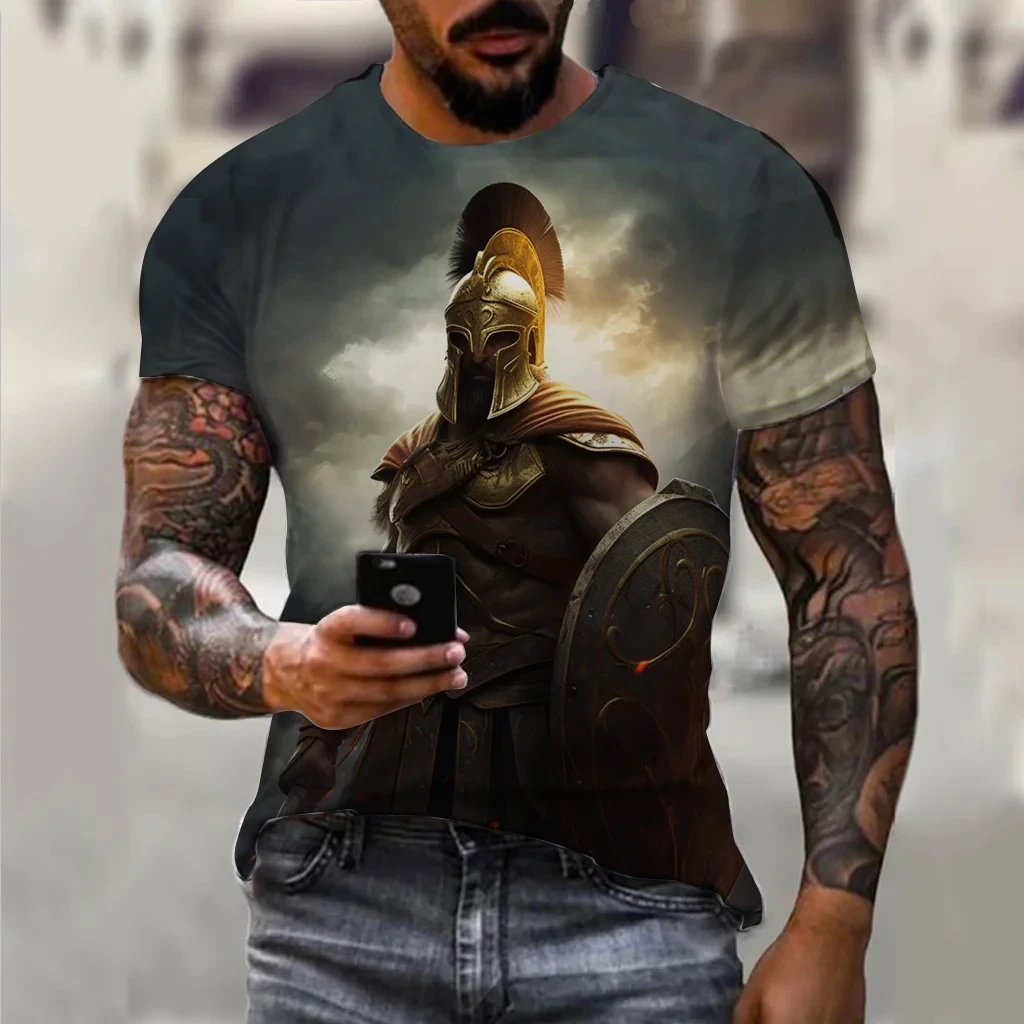 Vintage T Shirts For Men Spartan Pattern 3D Printed Short Sleeve Summer Fashion Oversized T-shirt  Men\'s Casual Clothing Tops