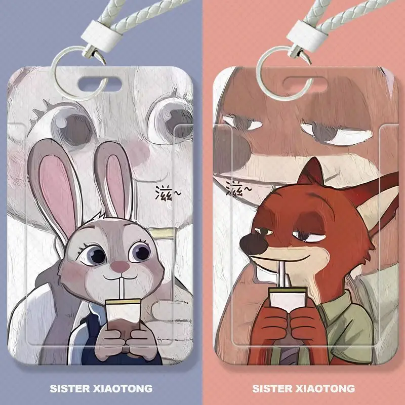 Disney Judy Nick Cartoon Oil Painting Sliding Card Case Cover for Students Workers ID Bus Meal Access Campus Cards