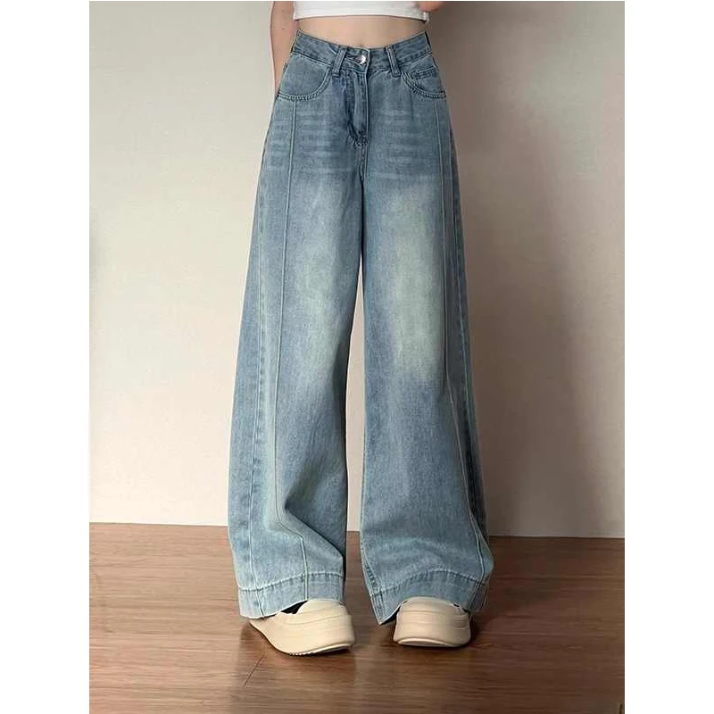 Vintage Blue Women's Jeans 2026 Spring New Casual Loose Pockets Straight Wide Leg Pants Fashion Zipper Slim-looking Trousers