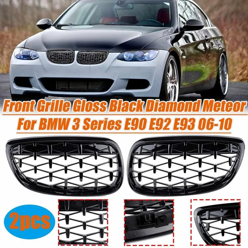 

2X Car Front Bumper Hood Kidney Grille Diamond Meteor Racing Grill Glossy Black For -BMW 3 Series E92 E93 2DR 2006-2010